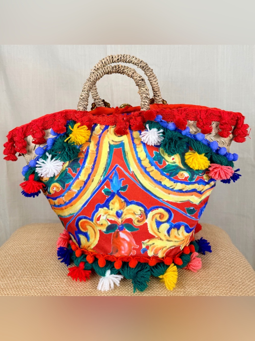 Italy Boho Pom-Pom Hand Made Straw Italian Designer Style Tote Bag Multicolor - Picture 7 of 11